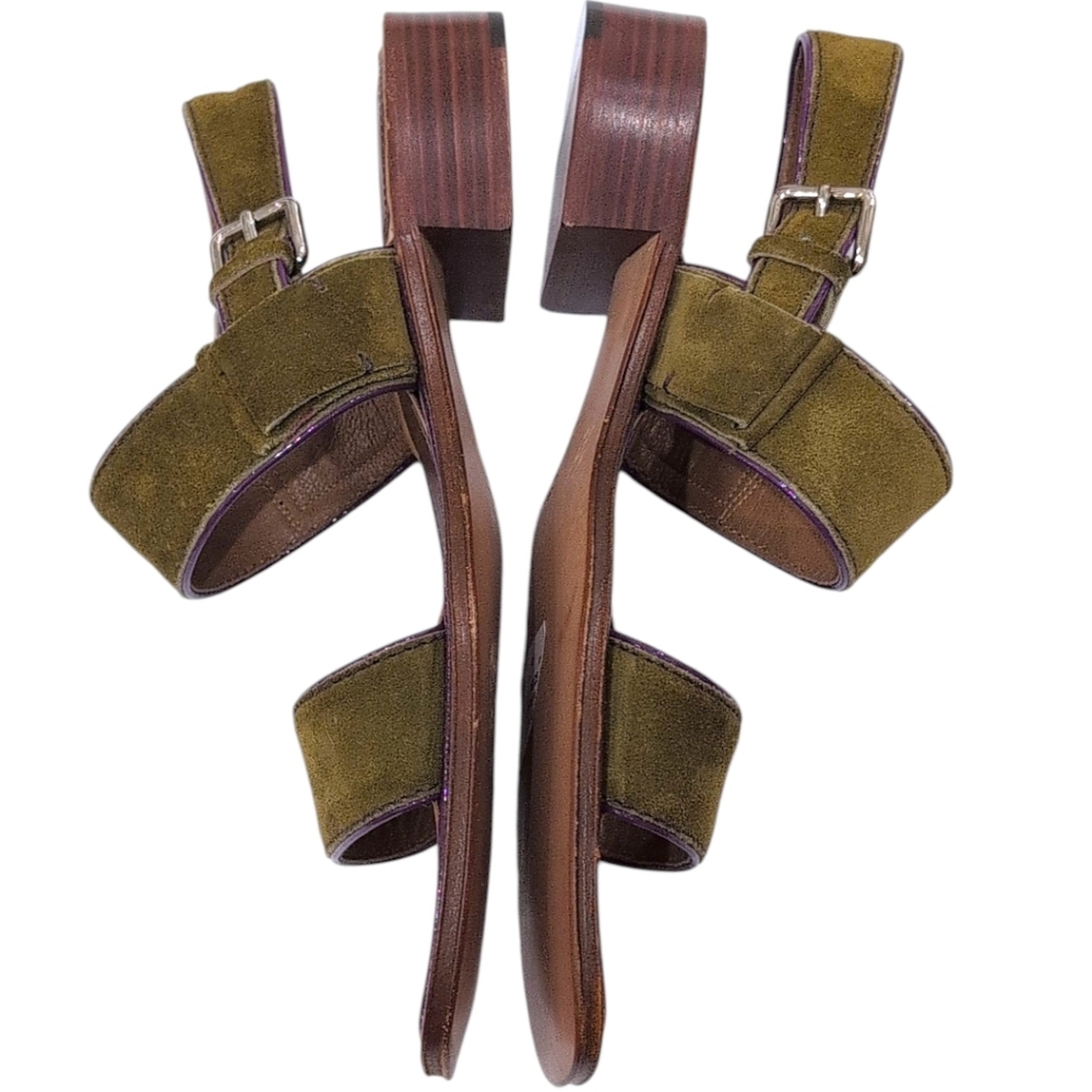 Prada Suede Slingback Buckle Sandals Stack Heels Size 39.5 Olive - Picture 4 of 8
